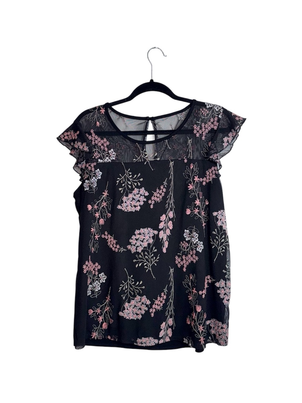 Maurices Floral Mesh Contrast Top Black Multi Embroidered Flutter Sleeve Large